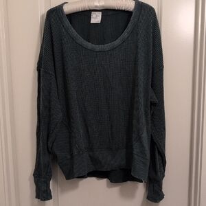 Aerie Teal Crew Neck Oversized Waffle Long Sleeve Tee Shirt